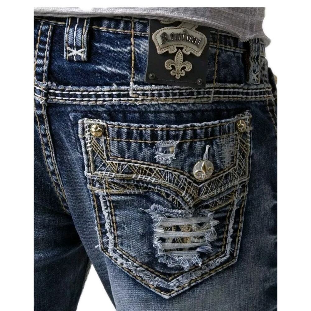 Rock Revival Mens Jeans James Slim Straight 30x29 Embroidered Thick Stitch MMA